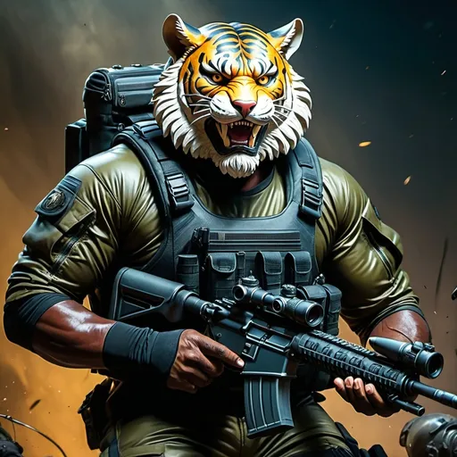 Prompt: (a dark-skinned bearded fat muscular old man in a bulky army camouflage zipper diver suit) holding a rifle, (wearing a small-sized realistic roaring tiger mask), dynamic action pose, fierce expression, showcasing an imposing stature, surrounded by military elements, dramatic shadows and intense highlights, cinematic color tones, high detail, powerful, art influenced by Bruce Onobrakpeya and Stanley Artgerm, ultra-detailed, best quality image, action-packed atmosphere. 