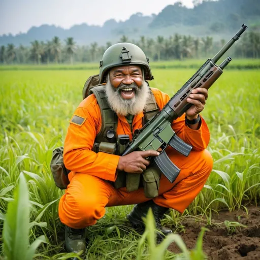 Prompt: a dark-skinned fat bearded old men in orange pilot suit crouching in a field holding a gun, wearing green army helmet on his head, wearing army boots, Bruce Onobrakpeya, sumatraism, stanley artgermm, masculine, full round face, a stock photo, laughing