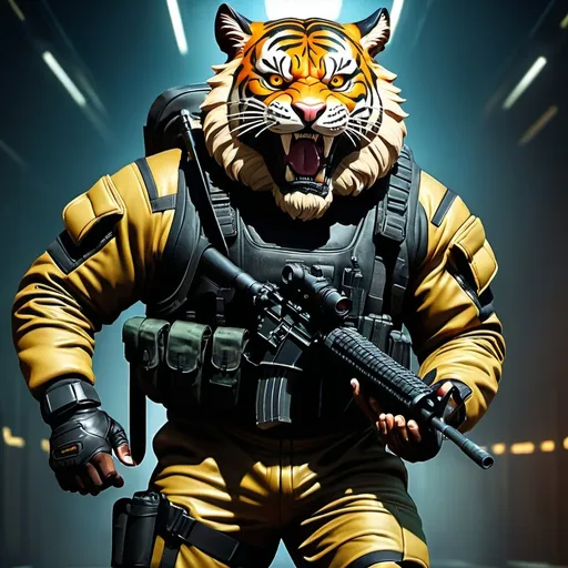 Prompt: (a dark-skinned bearded fat muscular old man in a bulky army camouflage zipper diver suit) holding a rifle, (wearing a small-sized realistic roaring tiger mask), dynamic action pose, fierce expression, showcasing an imposing stature, surrounded by military elements, dramatic shadows and intense highlights, cinematic color tones, high detail, powerful, art influenced by Bruce Onobrakpeya and Stanley Artgerm, ultra-detailed, best quality image, action-packed atmosphere. thumbs up pose