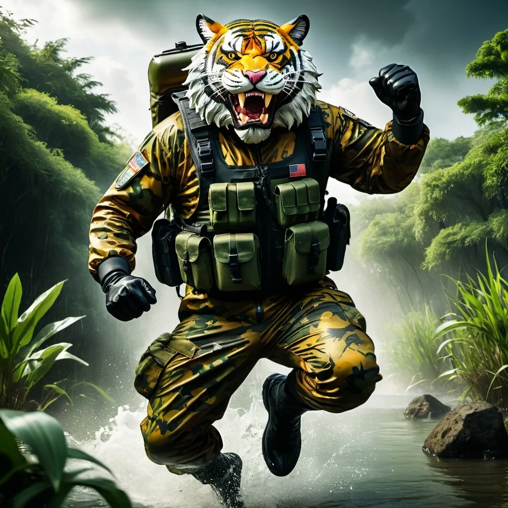 Prompt: (a dark-skinned bearded fat old man in army camouflage zipper diver suit) (wearing proportionate realistic roaring tiger mask that show the wearer eyes), raising fist, carrying a gun holster on his right hip, jumping in swamp, dynamic action pose, fierce expression, showcasing an imposing stature, surrounded by military elements, dramatic shadows and intense highlights, cinematic color tones, high detail, powerful, art influenced by Basuki Abdullah, ultra-detailed, best quality image, action-packed atmosphere.