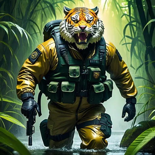 Prompt: (a dark-skinned bearded fat muscular old man in a bulky army camouflage zipper diver suit) holding a gun, (wearing a small-sized realistic roaring tiger mask), dynamic action pose, fierce expression, showcasing an imposing stature, surrounded by military elements, dramatic shadows and intense highlights, cinematic color tones, high detail, powerful, art influenced by Bruce Onobrakpeya and Stanley Artgerm, ultra-detailed, best quality image, action-packed atmosphere. patrolling in a swamp