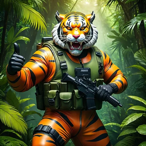 Prompt: (a dark-skinned fat old man in a bulky camouflage zipper diver suit), wearing a realistic roaring (tiger mask), thumbs up, carrying a gun holster, muscular, imposing stature, Basuki Abdullah style, sumatraism, action, (a character portrait), heroic, fierce, snarling, vibrant colors, deep shadows, intense lighting, dramatic atmosphere, jungle background with verdant greenery, visual depth, lucid detail, ultra-detailed, ultra-realistic, professional, best quality.