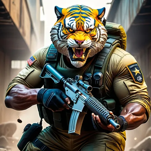 Prompt: (a dark-skinned bearded fat muscular old man in a bulky army camouflage zipper diver suit) holding a gun, (wearing a small-sized realistic roaring tiger mask), dynamic action pose, fierce expression, showcasing an imposing stature, surrounded by military elements, dramatic shadows and intense highlights, cinematic color tones, high detail, powerful, art influenced by Bruce Onobrakpeya and Stanley Artgerm, ultra-detailed, best quality image, action-packed atmosphere.