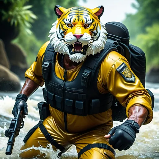 Prompt: (a dark-skinned bearded fat muscular old man in a bulky army camouflage zipper diver suit) holding a gun, (wearing a small-sized realistic roaring tiger mask), dynamic action pose, fierce expression, showcasing an imposing stature, surrounded by military elements, dramatic shadows and intense highlights, cinematic color tones, high detail, powerful, art influenced by Bruce Onobrakpeya and Stanley Artgerm, ultra-detailed, best quality image, action-packed atmosphere. patrolling in a river