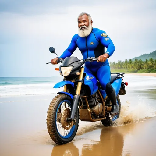 Prompt: (a beefy muscular fat bearded old man wearing blue skintight wetsuit), riding on an army motorcycle in an empty beach, (wearing army boots), muscular, Bruce Onobrakpeya, sumatraism, stanley artgermm, masculine, full round face, a stock photo, heroic, 