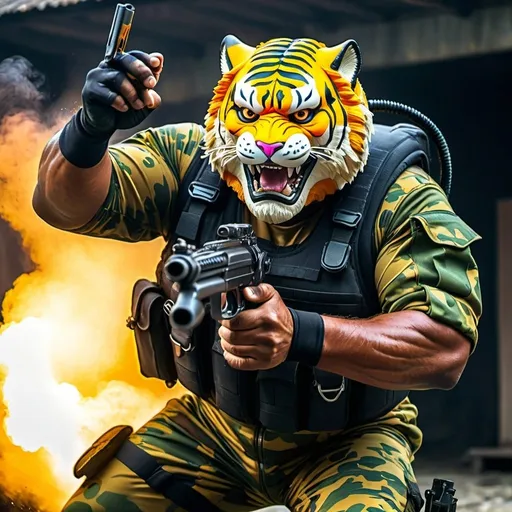 Prompt: (a dark-skinned bearded fat muscular old man in a bulky army camouflage zipper diver suit) shooting with gun and (wearing small-sized realistic roaring tiger mask), muscular, Bruce Onobrakpeya, sumatraism, stanley artgermm, action, fierce, snarling, best quality
