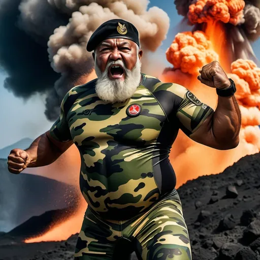 Prompt: (a dark-skinned bearded fat old man in camouflage skintight wetsuit) flexing his biceps, (wearing army beret on his head), shouting, muscular, toned muscles, imposing stature, Basuki Abdullah, sumatraism, action, a character portrait, dynamic action pose, fierce expression, showcasing an imposing stature, surrounded by military elements, dramatic shadows and intense highlights, cinematic color tones, high detail, powerful, ultra-detailed, best quality image, action-packed atmosphere. fighting pose. volcano background