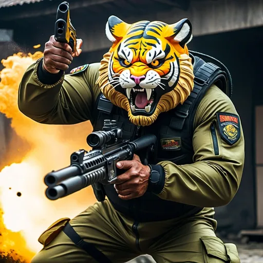 Prompt: (a dark-skinned bearded fat muscular old man in a bulky army camouflage zipper diver suit) shooting with gun and (wearing small-sized realistic roaring tiger mask), muscular, Bruce Onobrakpeya, sumatraism, stanley artgermm, action, fierce, snarling, best quality, angry
