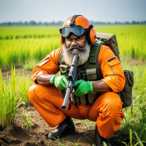 Prompt: (a dark-skinned fat bearded old men in orange pilot suit) crouching in a field holding a gun, (wearing green army helmet with goggle on his head), wearing army boots, very muscular, Bruce Onobrakpeya, sumatraism, stanley artgermm, masculine, full round face, a stock photo, snarling, fierce, heroic