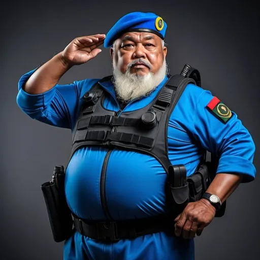 Prompt: (a dark-skinned bearded fat old man in a bulky blue zipper diver suit) saluting, carrying a gun in holster and (wearing army beret), muscular, Basuki Abdullah, sumatraism, action, a character portrait, heroic, fierce, angry
