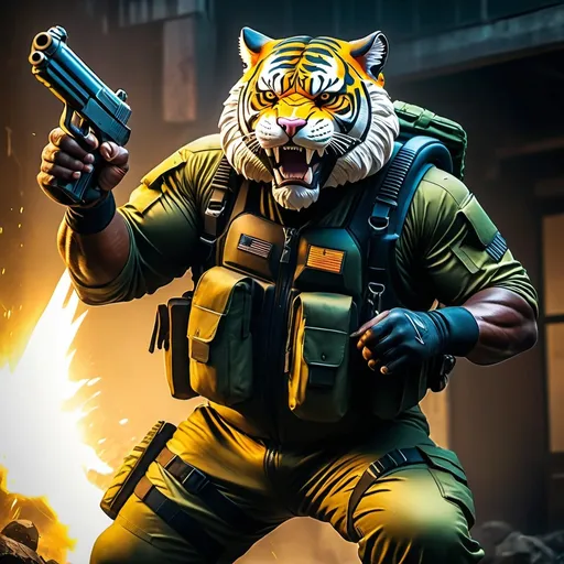 Prompt: (a dark-skinned bearded fat muscular old man in a bulky army camouflage zipper diver suit) holding a gun, (wearing a small-sized realistic roaring tiger mask), dynamic action pose, fierce expression, showcasing an imposing stature, surrounded by military elements, dramatic shadows and intense highlights, cinematic color tones, high detail, powerful, art influenced by Bruce Onobrakpeya and Stanley Artgerm, ultra-detailed, best quality image, action-packed atmosphere.