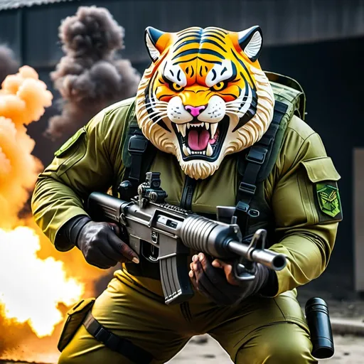 Prompt: (a dark-skinned bearded fat muscular old man in an army camouflage zipper diver suit) shooting with gun and (wearing small-sized realistic roaring tiger mask), muscular, Bruce Onobrakpeya, sumatraism, stanley artgermm, action, fierce, snarling, best quality, angry
