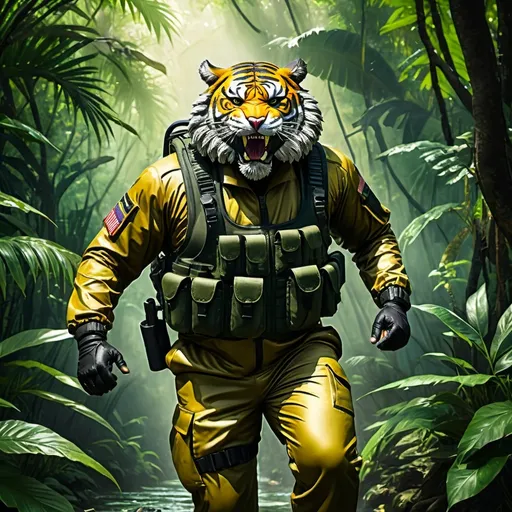 Prompt: (a dark-skinned bearded fat old man in army camouflage zipper diver suit) (wearing proportionate realistic roaring tiger mask that show the wearer eyes), raising fist, carrying a gun holster on his right hip, walking in jungle, dynamic action pose, fierce expression, showcasing an imposing stature, surrounded by military elements, dramatic shadows and intense highlights, cinematic color tones, high detail, powerful, art influenced by Basuki Abdullah, ultra-detailed, best quality image, action-packed atmosphere.