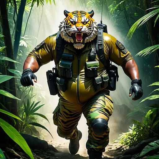 Prompt: (a dark-skinned bearded fat old man in army camouflage zipper diver suit) (wearing proportionate realistic roaring tiger mask that show the wearer eyes), raising fist, carrying a gun holster on his right hip, walking in jungle, dynamic action pose, fierce expression, showcasing an imposing stature, surrounded by military elements, dramatic shadows and intense highlights, cinematic color tones, high detail, powerful, art influenced by Basuki Abdullah, ultra-detailed, best quality image, action-packed atmosphere.