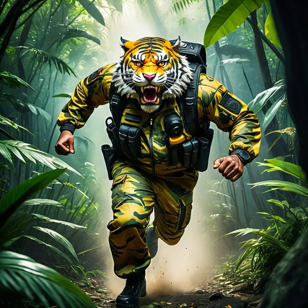 Prompt: (a dark-skinned bearded fat old man in army camouflage zipper diver suit) (wearing proportionate realistic roaring tiger mask that show the wearer eyes), raising fist, carrying a gun holster on his right hip, running in jungle, dynamic action pose, fierce expression, showcasing an imposing stature, surrounded by military elements, dramatic shadows and intense highlights, cinematic color tones, high detail, powerful, art influenced by Basuki Abdullah, ultra-detailed, best quality image, action-packed atmosphere.