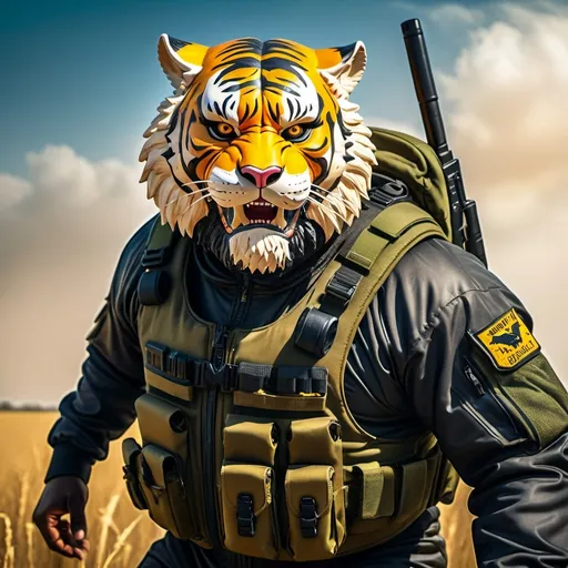 Prompt: (a dark-skinned bearded fat muscular old man in a bulky army camouflage zipper diver suit) holding a rifle, (wearing a small-sized realistic roaring tiger mask), dynamic action pose, fierce expression, showcasing an imposing stature, surrounded by military elements, dramatic shadows and intense highlights, cinematic color tones, high detail, powerful, art influenced by Bruce Onobrakpeya and Stanley Artgerm, ultra-detailed, best quality image, action-packed atmosphere. prairie background