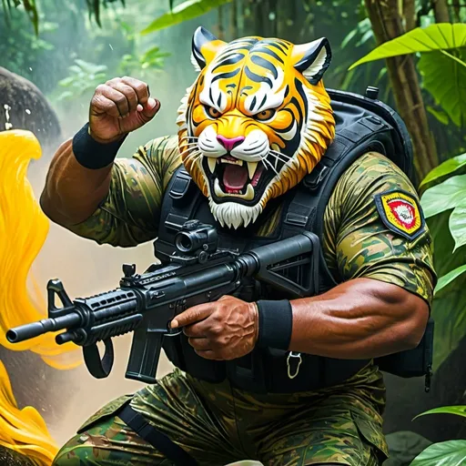 Prompt: (a dark-skinned bearded fat muscular old man in a bulky army camouflage zipper diver suit) shooting with gun and (wearing small-sized realistic roaring tiger mask), muscular, imposing stature, Bruce Onobrakpeya, sumatraism, stanley artgermm, action, fierce, snarling, best quality, jungle
