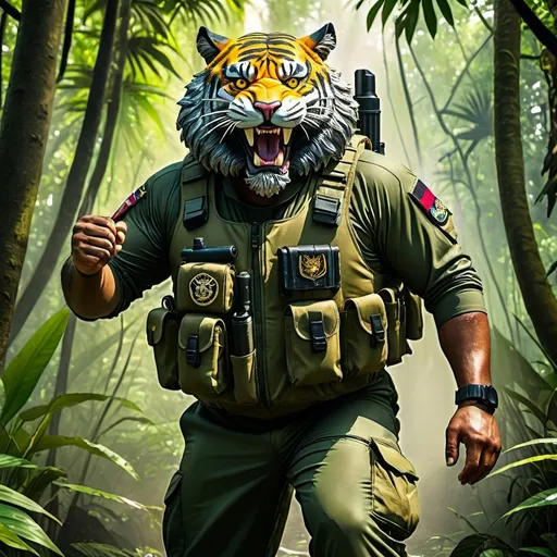 Prompt: (a dark-skinned bearded fat old man in army camouflage zipper diver suit) (wearing proportionate realistic roaring tiger mask that show the wearer eyes), raising fist, carrying a gun holster on his right hip, walking in jungle, dynamic action pose, fierce expression, showcasing an imposing stature, surrounded by military elements, dramatic shadows and intense highlights, cinematic color tones, high detail, powerful, art influenced by Basuki Abdullah, ultra-detailed, best quality image, action-packed atmosphere.