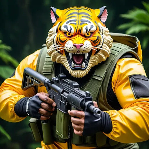 Prompt: (a dark-skinned bearded fat muscular old man in a bulky army camouflage zipper diver suit) shooting with gun and (wearing small-sized realistic roaring tiger mask), muscular, Bruce Onobrakpeya, sumatraism, stanley artgermm, action, fierce, snarling, best quality
