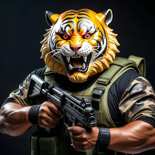 Prompt: (a dark-skinned bearded tall muscular fat old man in a bulky camouflage zipper diver suit) holding a gun and (wearing proportionate realistic roaring tiger mask that show the wearer eyes), muscular, Basuki Abdullah, sumatraism, action, a character portrait, heroic, fierce, snarling, best quality
