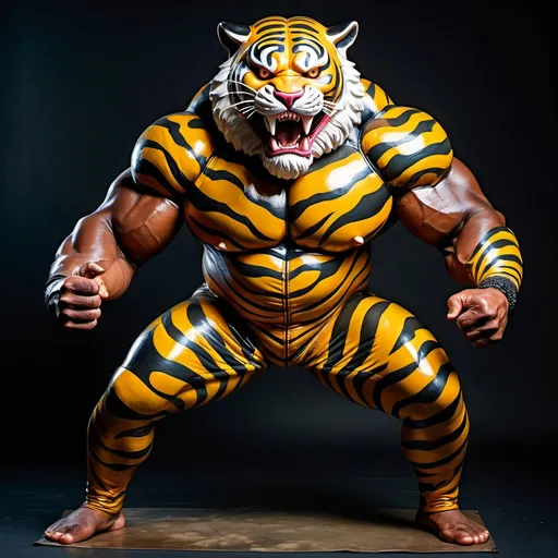 Prompt: (a dark-skinned bearded very muscular fat old man in a bulky camouflage zipper diver suit) carrying a rifle and (wearing proportionate realistic roaring tiger mask that show the wearer eyes), muscular, Bruce Onobrakpeya, sumatraism, stanley artgermm, muscular physique, imposing stature,  action, heroic, fierce, snarling, best quality, raising fist, ultra-detailed, dynamic action pose, jungle