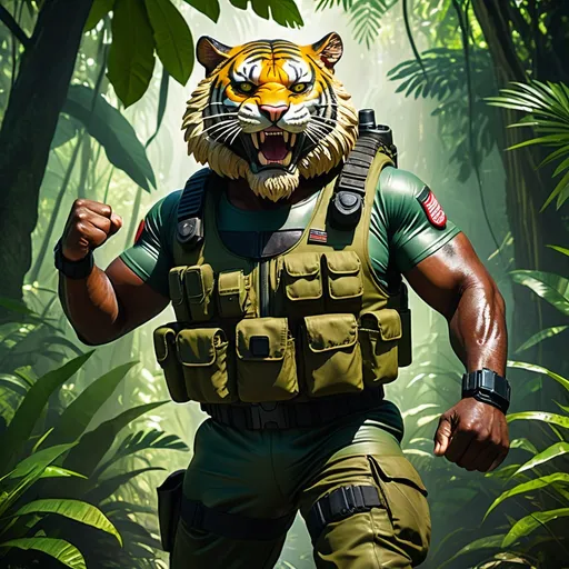 Prompt: (a dark-skinned bearded fat old man in army camouflage zipper diver suit) (wearing proportionate realistic roaring tiger mask that show the wearer eyes), raising fist, carrying a gun holster on his right hip, walking in jungle, dynamic action pose, fierce expression, showcasing an imposing stature, surrounded by military elements, dramatic shadows and intense highlights, cinematic color tones, high detail, powerful, art influenced by Basuki Abdullah, ultra-detailed, best quality image, action-packed atmosphere.