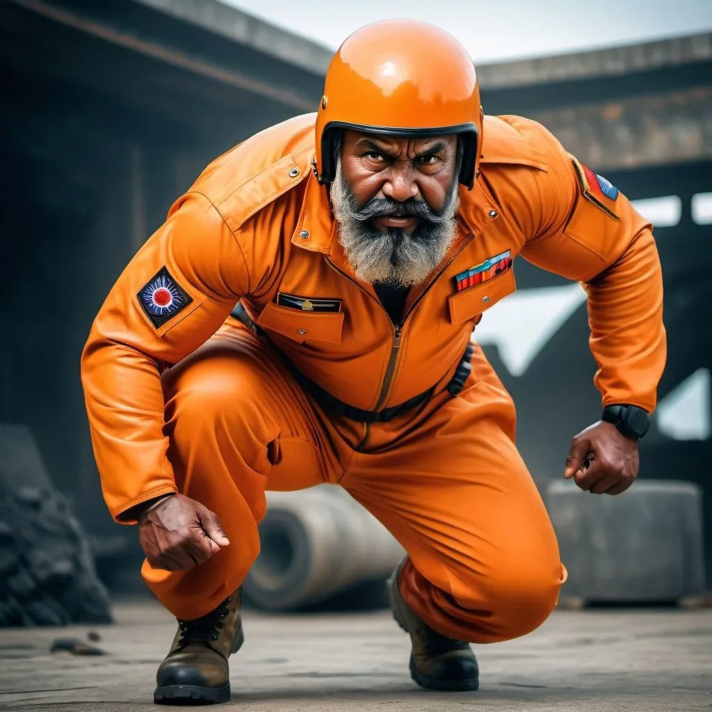 Prompt: (a dark-skinned bearded muscular chubby old man in orange pilot suit) and wearing army boots, wearing gray army helmet on his head, imposing stature, muscular physique, toned muscles, fighting stance, Basuki Abdullah, sumatraism, action, a character portrait, heroic, fierce, intense