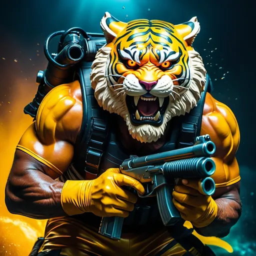 Prompt: (a dark-skinned bearded fat muscular old man in a bulky army camouflage zipper diver suit) shooting with gun and (wearing small-sized realistic roaring tiger mask), muscular, imposing stature, Bruce Onobrakpeya, sumatraism, stanley artgermm, action, fierce, snarling, best quality, powerful
