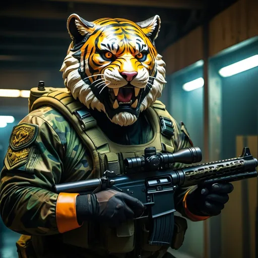 Prompt: (a dark-skinned bearded fat muscular old man in a bulky army camouflage zipper diver suit) holding a gun, (wearing a small-sized realistic roaring tiger mask), dynamic action pose, fierce expression, showcasing an imposing stature, surrounded by military elements, dramatic shadows and intense highlights, cinematic color tones, high detail, powerful, art influenced by Bruce Onobrakpeya and Stanley Artgerm, ultra-detailed, best quality image, action-packed atmosphere.