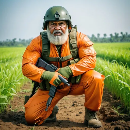 Prompt: (a dark-skinned bearded muscular chubby old man in orange pilot suit), (wearing green army helmet) crouching in a field with a gun, wearing army boots, imposing stature, muscular physique, toned muscles, Basuki Abdullah, sumatraism, action, a character portrait, heroic, fierce, angry, intense
