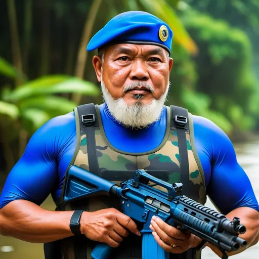 Prompt: (a dark-skinned bearded fat old man in camouflage skintight wetsuit) holding a gun and (wearing blue army beret on his head), muscular, Basuki Abdullah, sumatraism, action, a character portrait
