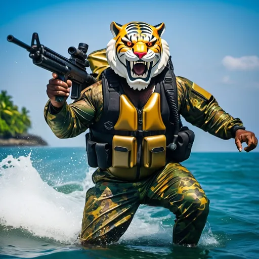 Prompt: (a dark-skinned bearded fat muscular old man in a bulky army camouflage zipper diver suit) shooting with gun and (wearing small-sized realistic roaring tiger mask), muscular, imposing stature, Bruce Onobrakpeya, sumatraism, stanley artgermm, action, fierce, snarling, best quality, mighty, surfacing from the sea