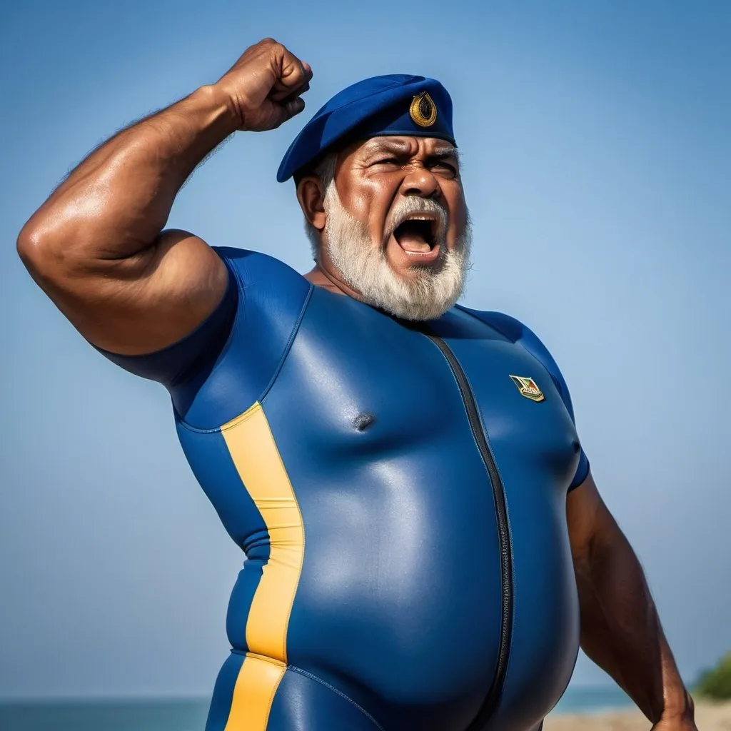 Prompt: (a dark-skinned bearded fat old man in blue skintight wetsuit) flexing his biceps, (wearing army beret on his head), shouting, muscular, toned muscles, imposing stature, Basuki Abdullah, sumatraism, action, a character portrait