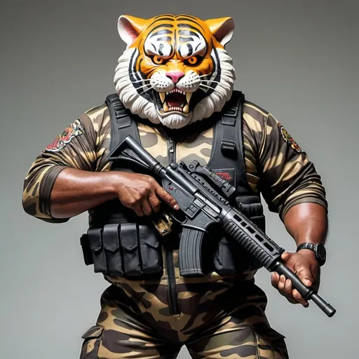 Prompt: (a dark-skinned bearded fat old man in a bulky camouflage zipper diver suit) holding a gun and (wearing small-sized realistic roaring tiger mask that show the wearer eyes), muscular, Bruce Onobrakpeya, sumatraism, stanley artgermm, action, a character portrait, heroic, fierce, snarling, best quality

