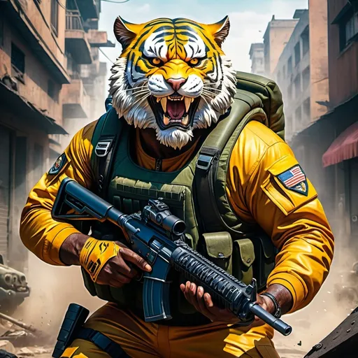 Prompt: (a dark-skinned bearded fat muscular old man in a bulky army camouflage zipper diver suit) holding a gun, (wearing a small-sized realistic roaring tiger mask), dynamic action pose, fierce expression, showcasing an imposing stature, surrounded by military elements, dramatic shadows and intense highlights, cinematic color tones, high detail, powerful, art influenced by Bruce Onobrakpeya and Stanley Artgerm, ultra-detailed, best quality image, action-packed atmosphere. destroyed city background