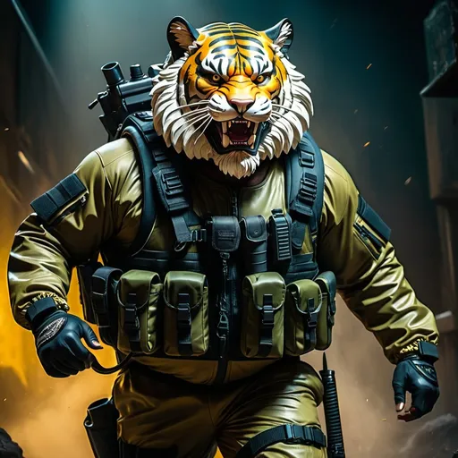 Prompt: (a dark-skinned bearded fat muscular old man in a bulky army camouflage zipper diver suit) carrying a rifle, (wearing a small-sized realistic roaring tiger mask), dynamic action pose, fierce expression, showcasing an imposing stature, surrounded by military elements, dramatic shadows and intense highlights, cinematic color tones, high detail, powerful, art influenced by Bruce Onobrakpeya and Stanley Artgerm, ultra-detailed, best quality image, action-packed atmosphere. raising fist