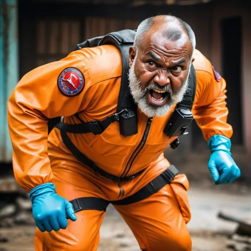 Prompt: (a dark-skinned bearded chubby  old man in orange zipper pilot suit), wearing rescue gear, wearing black rubber gloves, running, shooting with a gun, imposing physique, muscular, toned muscles, Basuki Abdullah, sumatraism, action, a character portrait, heroic, fierce, shouting, intense