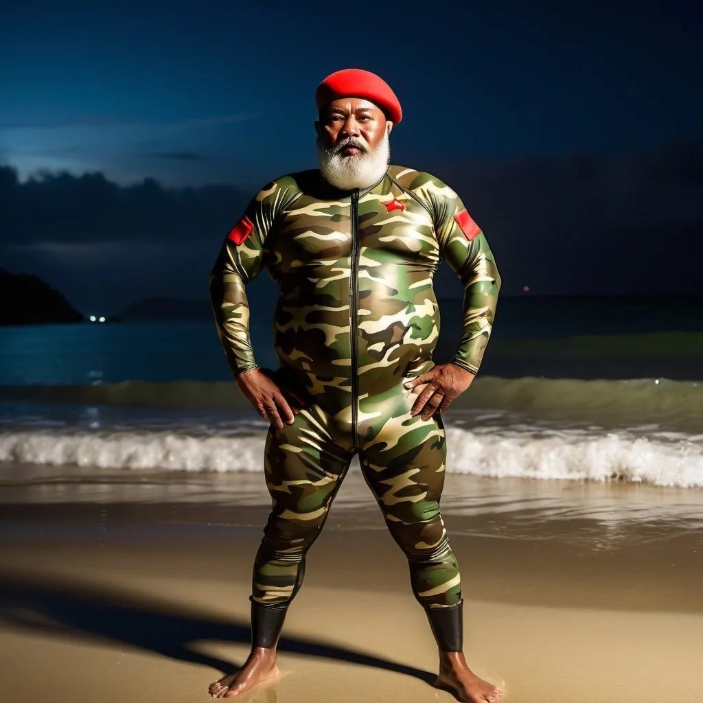 Prompt: (a dark-skinned bearded fat old man in camouflage skintight wetsuit) in an empty beach at night and (wearing red army beret on his head), wearing army boots, muscular, Basuki Abdullah, sumatraism, action, heroic, fighting pose