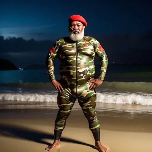 Prompt: (a dark-skinned bearded fat old man in camouflage skintight wetsuit) in an empty beach at night and (wearing red army beret on his head), wearing army boots, muscular, Basuki Abdullah, sumatraism, action, heroic, fighting pose