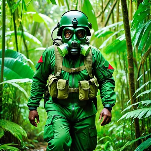 Prompt: a (dark-skinned fat old man in green pilot suit) in a jungle, (wearing green-colored army helmet on his head), wearing a gas mask that cover his face, wearing army boots, Bruce Onobrakpeya, sumatraism, Basuki Abdullah, masculine, full round face, a stock photo, professional, action pose, fighting pose