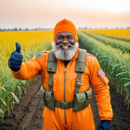 Prompt: (a dark-skinned fat muscular bearded elderly old man in orange military air force pilot suit) wearing balaclava, standing in a field, thumbs up pose, Bruce Onobrakpeya, sumatraism, stanley artgermm, professional photo, a stock photo, fierce, smiling,