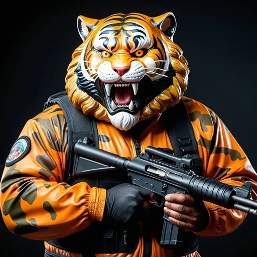 Prompt: (a dark-skinned bearded fat old man in a bulky camouflage zipper diver suit) holding a gun and (wearing proportionate realistic roaring tiger mask that show the wearer eyes), muscular, Bruce Onobrakpeya, sumatraism, stanley artgermm, action, a character portrait, heroic, fierce, snarling, best quality
