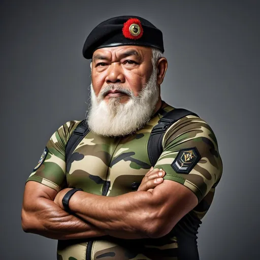Prompt: (a dark-skinned bearded fat old man in camouflage skintight wetsuit) flexing his biceps, (wearing army beret on his head), muscular, Basuki Abdullah, sumatraism, action, a character portrait