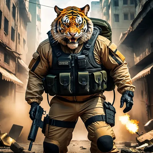 Prompt: (a dark-skinned bearded fat muscular old man in a bulky army camouflage zipper diver suit) holding a gun, (carrying a small-sized realistic roaring tiger mask in left hand), dynamic action pose, fierce expression, showcasing an imposing stature, surrounded by military elements, dramatic shadows and intense highlights, cinematic color tones, high detail, powerful, art influenced by Bruce Onobrakpeya and Stanley Artgerm, ultra-detailed, best quality image, action-packed atmosphere. destroyed city background