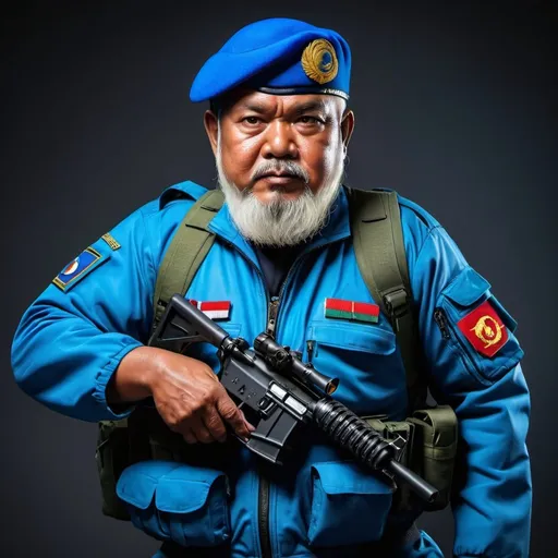 Prompt: (a dark-skinned bearded fat old man in a blue pilot suit) holding a gun and (wearing blue army beret on his head), muscular, Basuki Abdullah, sumatraism, action, a character portrait
