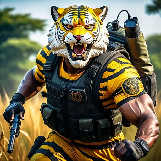 Prompt: (a dark-skinned bearded fat muscular old man in a bulky army camouflage zipper diver suit) holding a gun, (wearing a small-sized realistic roaring tiger mask), dynamic action pose, fierce expression, showcasing an imposing stature, surrounded by military elements, dramatic shadows and intense highlights, cinematic color tones, high detail, powerful, art influenced by Bruce Onobrakpeya and Stanley Artgerm, ultra-detailed, best quality image, action-packed atmosphere. running in field