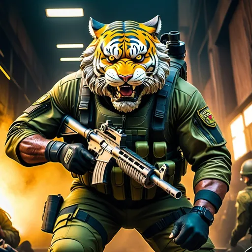 Prompt: (a dark-skinned bearded fat muscular old man in a bulky army camouflage zipper diver suit) holding a gun, (wearing a small-sized realistic roaring tiger mask), dynamic action pose, fierce expression, showcasing an imposing stature, surrounded by military elements, dramatic shadows and intense highlights, cinematic color tones, high detail, powerful, art influenced by Bruce Onobrakpeya and Stanley Artgerm, ultra-detailed, best quality image, action-packed atmosphere.