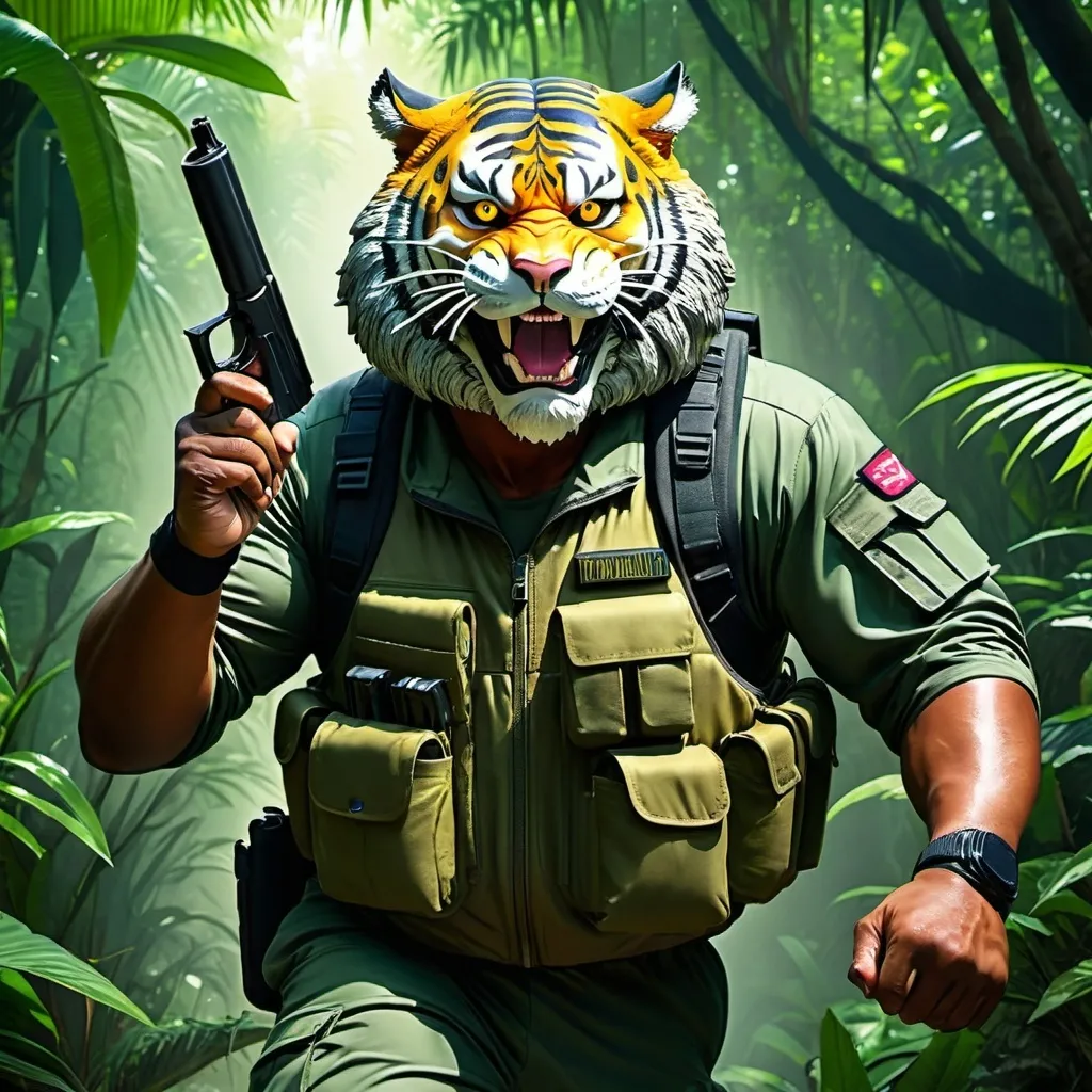 Prompt: (a dark-skinned bearded fat old man in army camouflage zipper diver suit) (wearing proportionate realistic roaring tiger mask that show the wearer eyes), raising fist, carrying a gun holster on his right hip, walking in jungle, dynamic action pose, fierce expression, showcasing an imposing stature, surrounded by military elements, dramatic shadows and intense highlights, cinematic color tones, high detail, powerful, art influenced by Basuki Abdullah, ultra-detailed, best quality image, action-packed atmosphere.