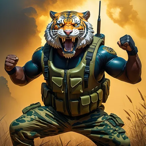 Prompt: (a dark-skinned bearded fat muscular old man in a bulky army camouflage zipper diver suit), raising fist, carrying a rifle, (wearing a small-sized realistic roaring tiger mask), dynamic action pose, fierce expression, showcasing an imposing stature, surrounded by military elements, dramatic shadows and intense highlights, cinematic color tones, high detail, powerful, art influenced by Bruce Onobrakpeya and Stanley Artgerm, ultra-detailed, best quality image, action-packed atmosphere. fighting stance. paatrolling in a prairie