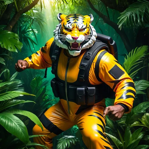 Prompt: (a dark-skinned fat old man in a bulky camouflage zipper diver suit), wearing a realistic roaring (tiger mask), raising fist, carrying a gun holster, muscular, imposing stature, Basuki Abdullah style, sumatraism, action, (a character portrait), heroic, fierce expression, snarling, vibrant colors, deep shadows, intense lighting, dramatic atmosphere, jungle background with verdant greenery, visual depth, lucid detail, ultra-detailed, ultra-realistic, professional, best quality.